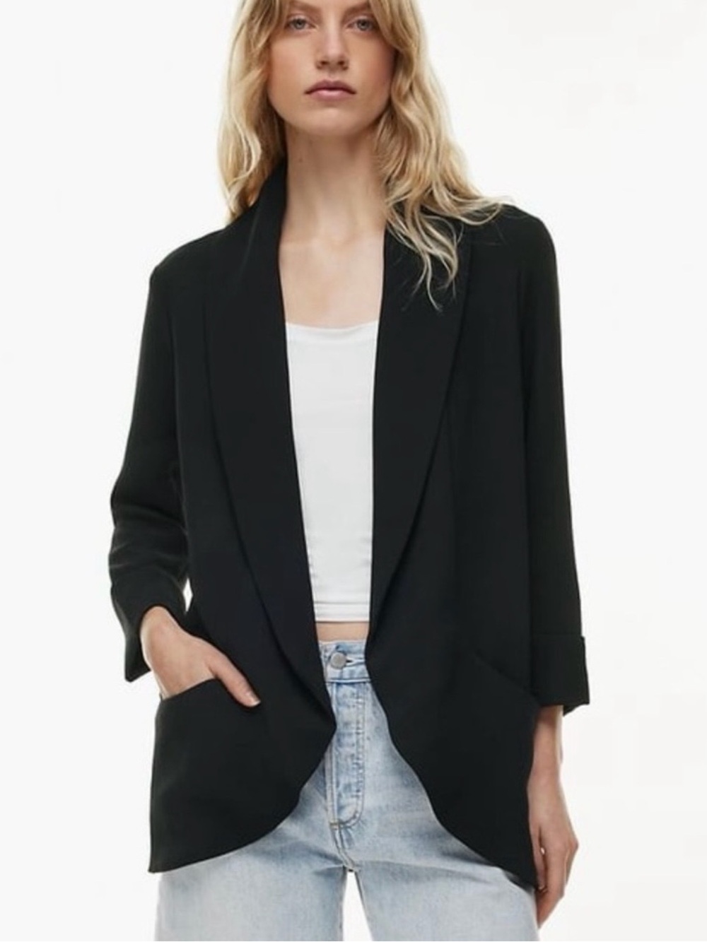 Aritzia Wilfred Chevalier Open Front Jacket Blazer 3/4 Sleeve Black Crepe Size 4